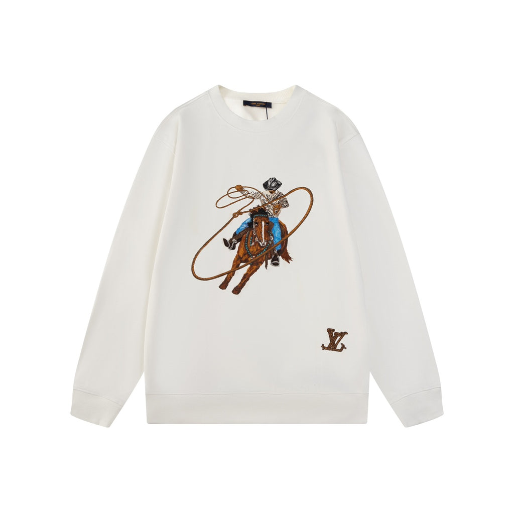 New Western Cowboy Heavy Embroidered Crew Neck Sweatshirt