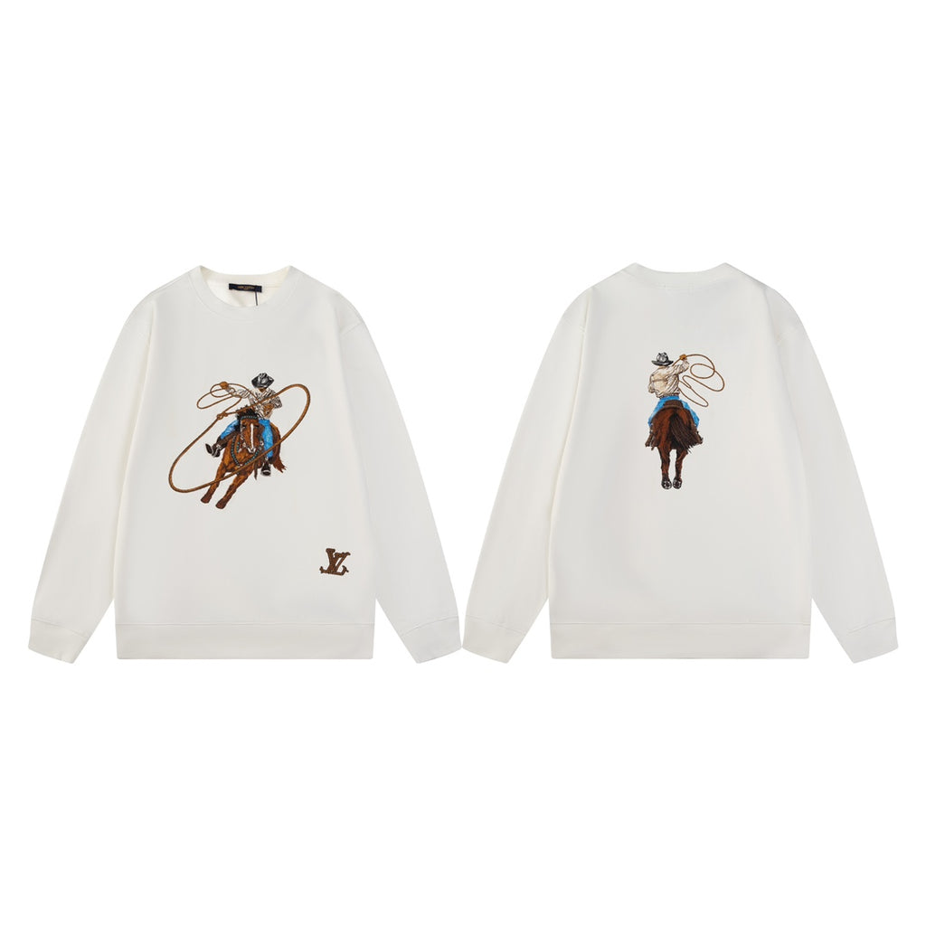 New Western Cowboy Heavy Embroidered Crew Neck Sweatshirt