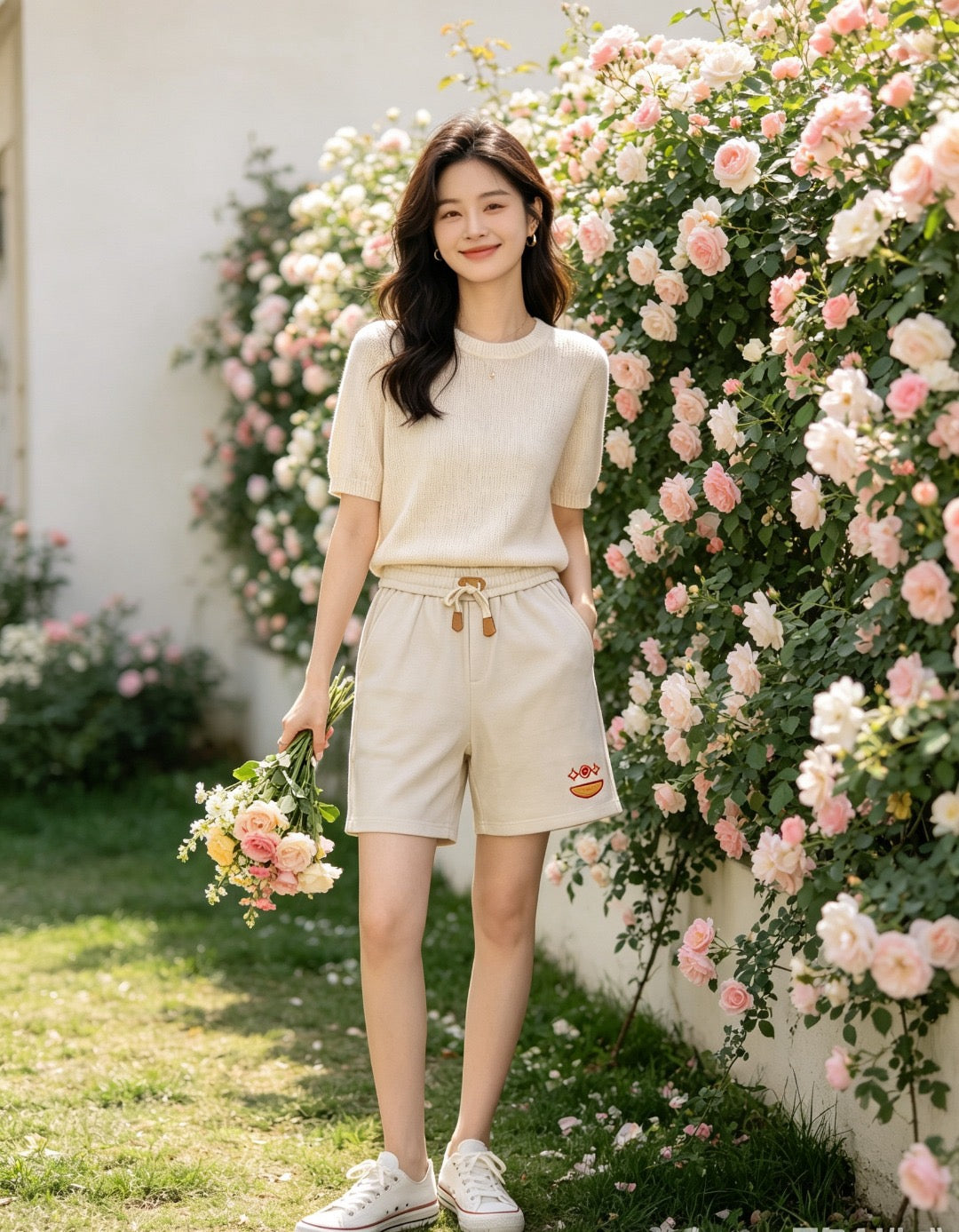 Trifloral Print Leather-Tab Drawstring Shorts