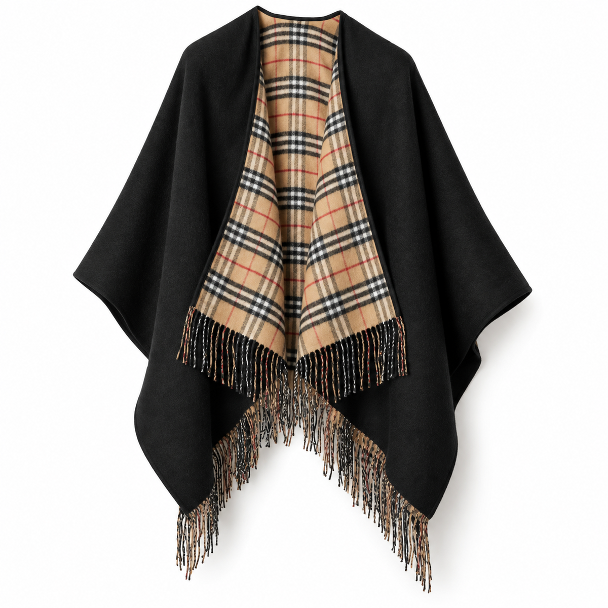 Burberry Style Reversible Plaid Cape Scarf in Black and Plaid