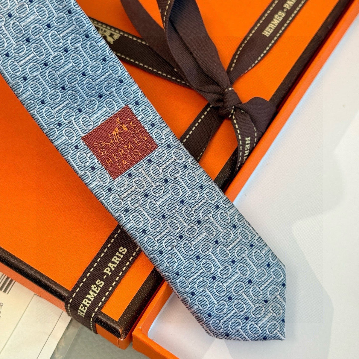 Hermes Style Men's Chain Motif Silk Tie - Detail Image 7