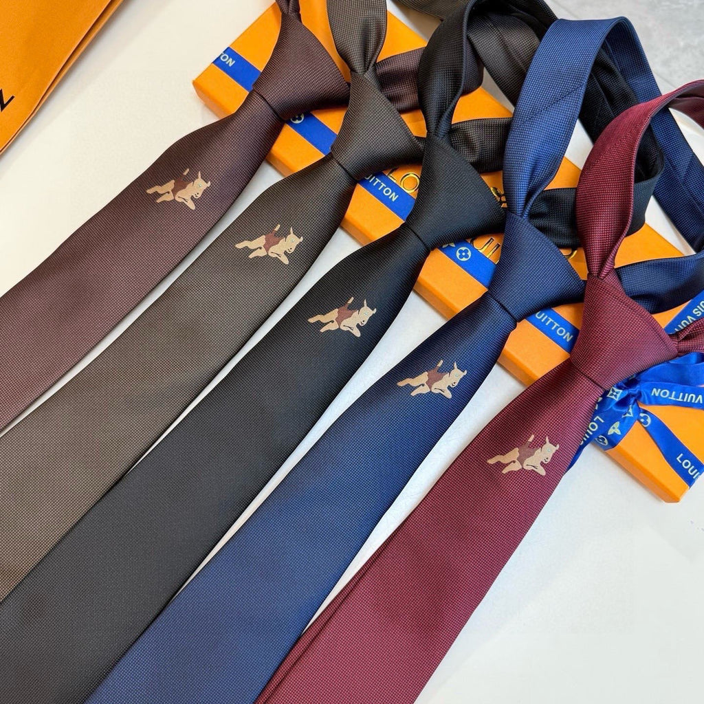 Louis Vuitton Style Men's Embroidered Logo Silk Tie - Detail Image 9