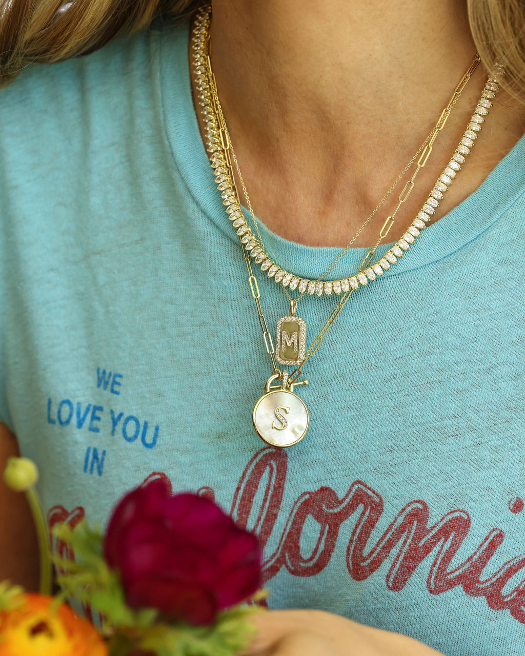 Personalized gold initial medallion necklace with mother of pearl – view 56