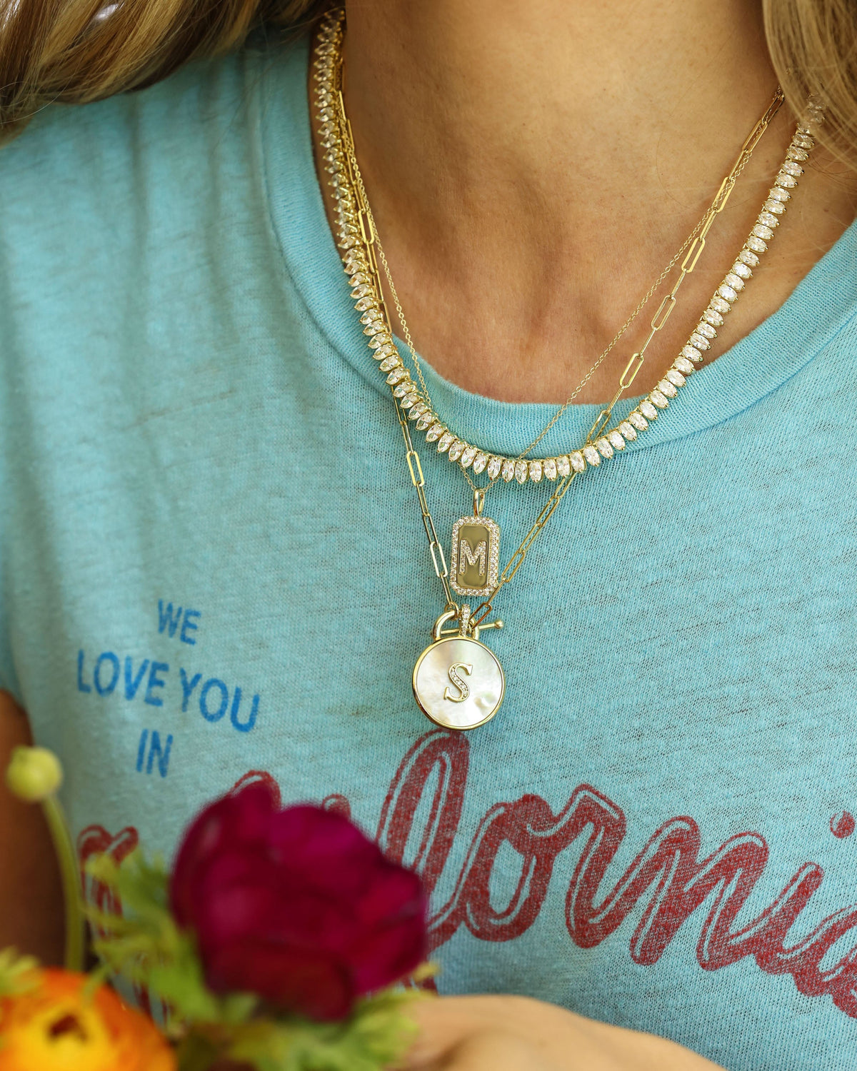 Personalized gold initial medallion necklace with mother of pearl – view 56