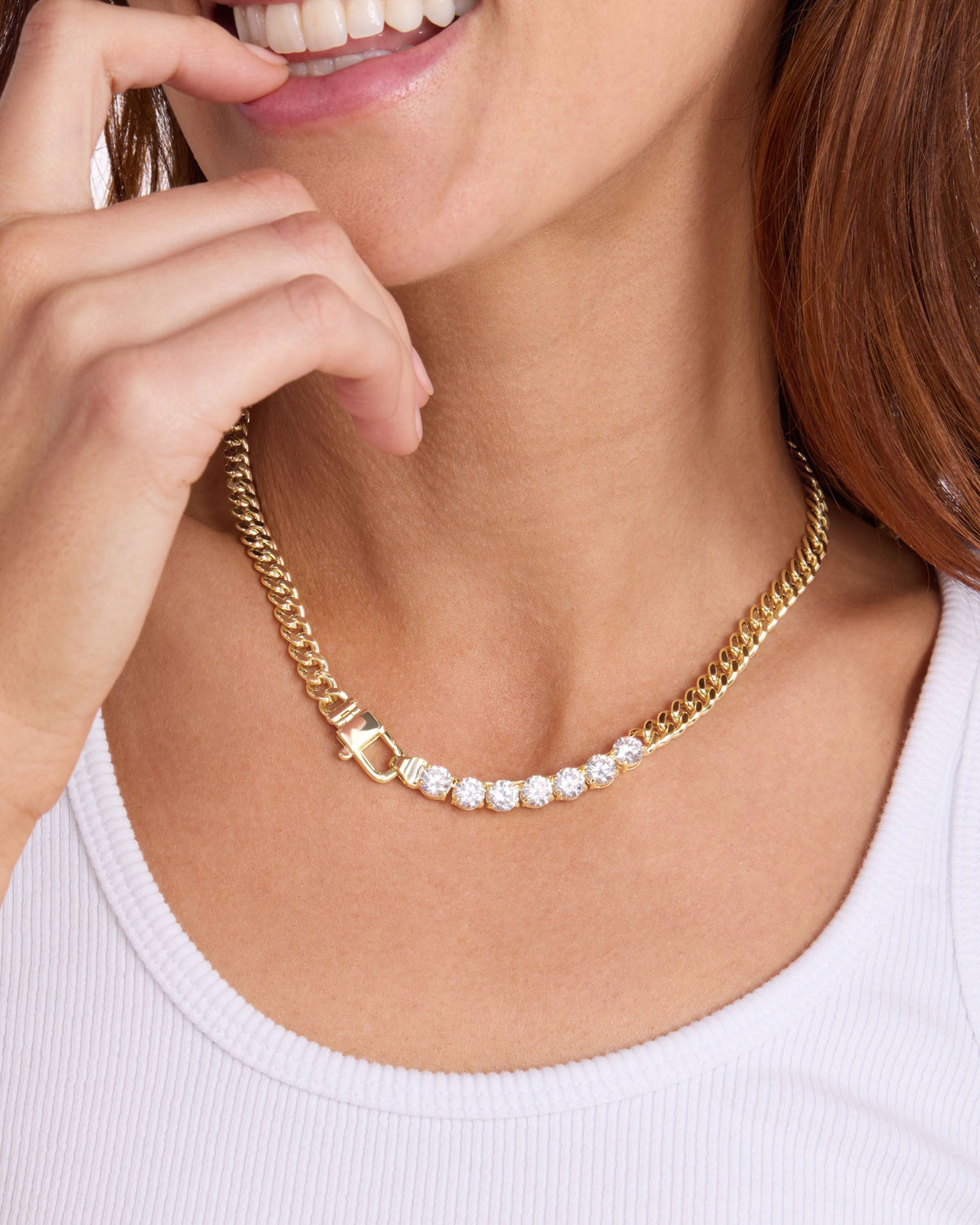 Gold 6.8 mm Cuban link necklace with simulated diamonds – view 2