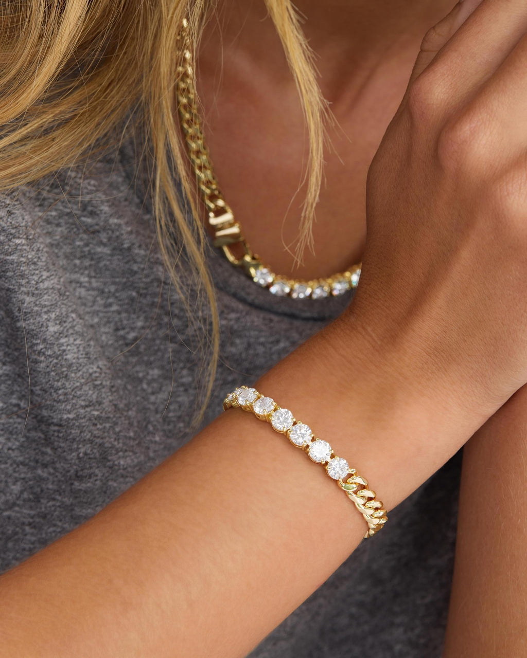 Gold 6.8 mm Cuban link bracelet with simulated diamonds – view 4