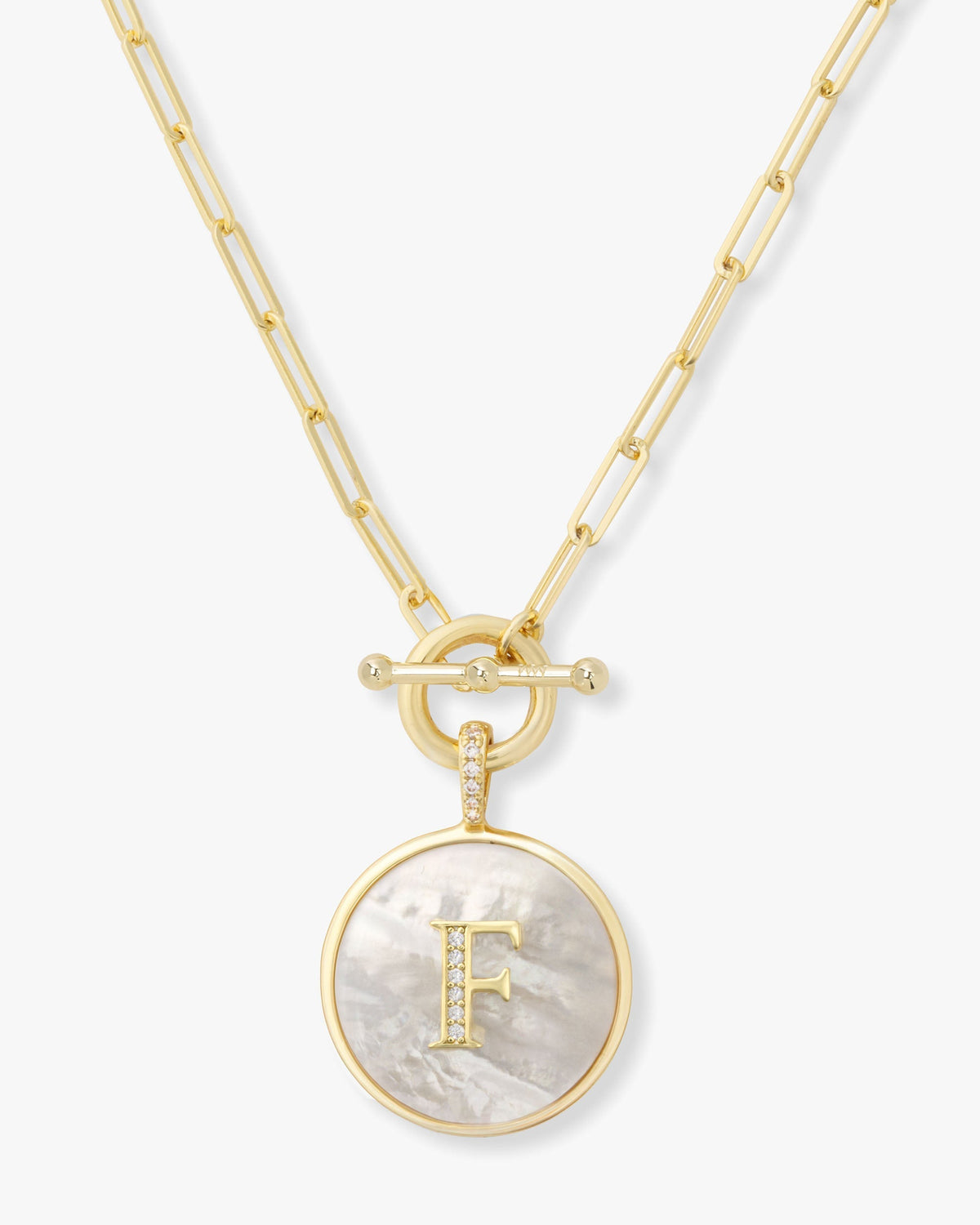 Personalized gold initial medallion necklace with mother of pearl – view 6