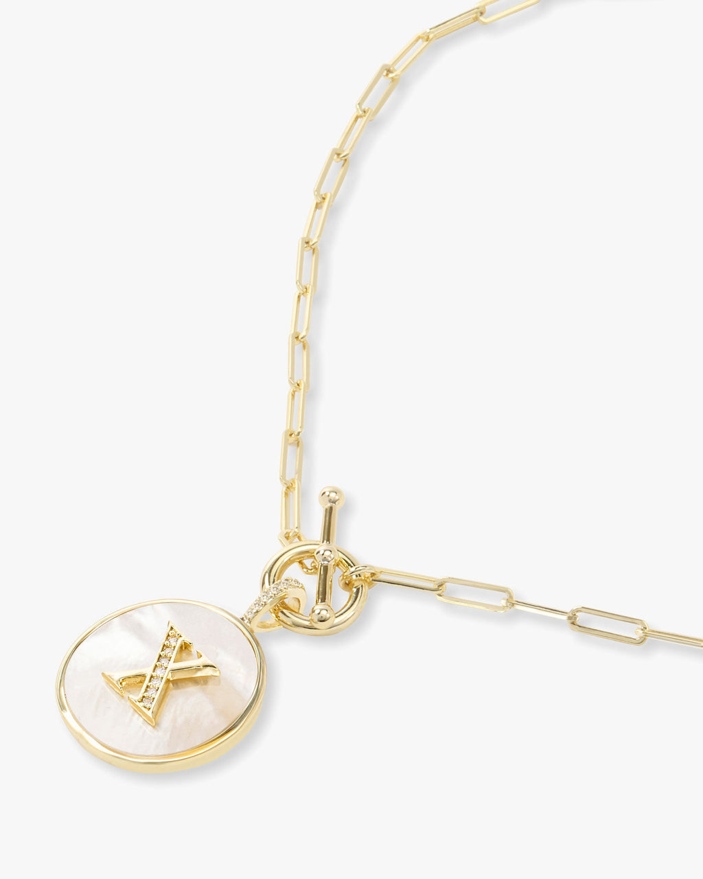 Personalized gold initial medallion necklace with mother of pearl – view 51