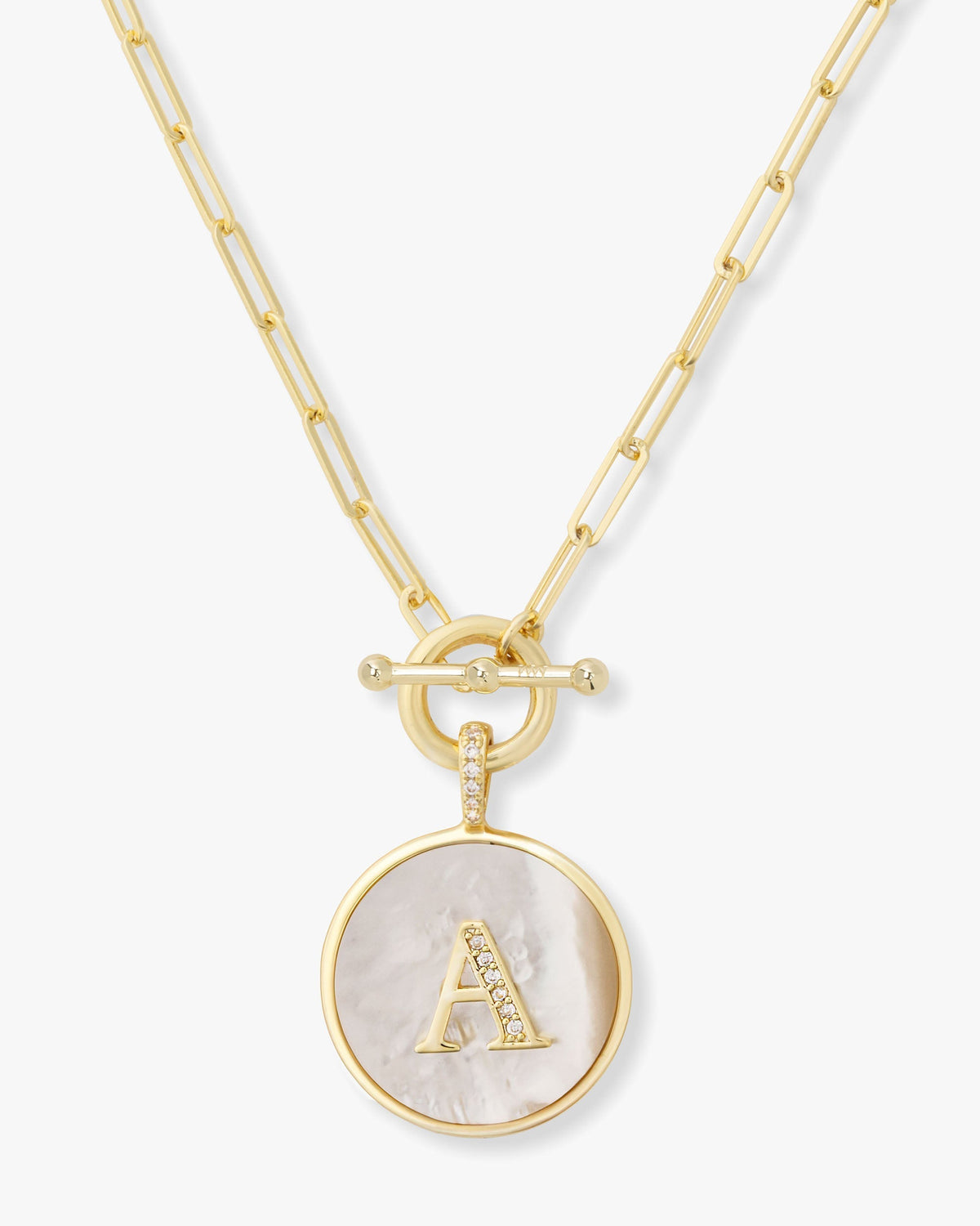 Personalized gold initial medallion necklace with mother of pearl