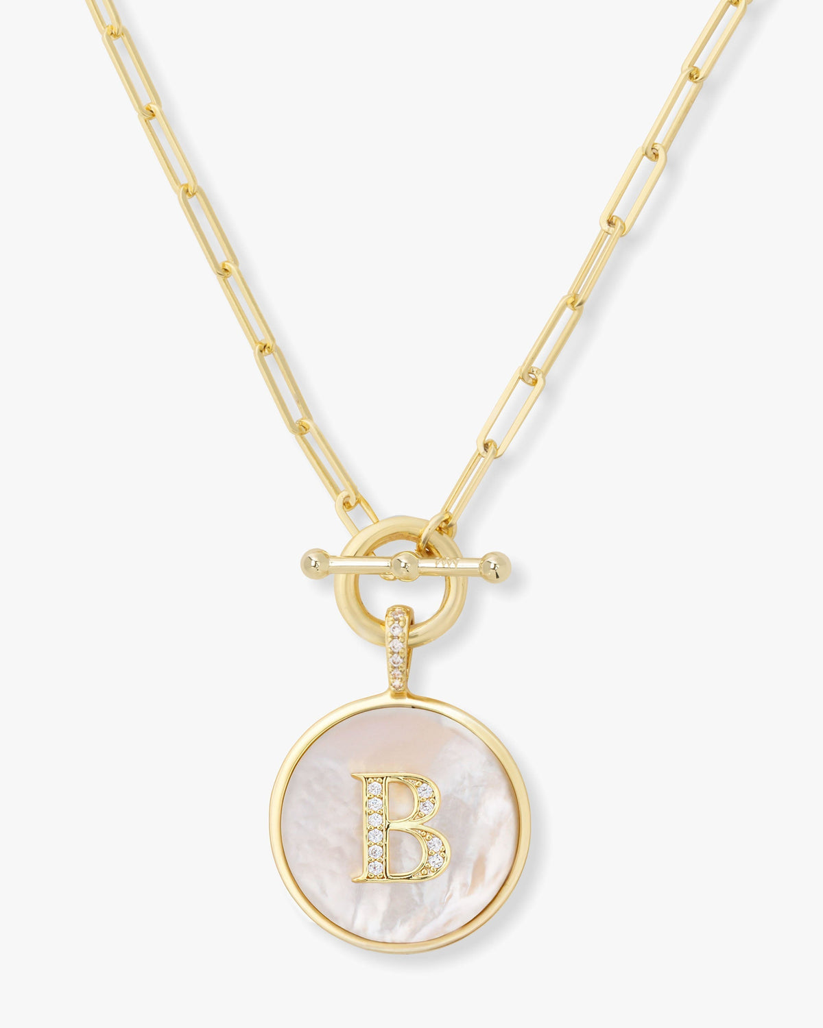 Personalized gold initial medallion necklace with mother of pearl – view 2