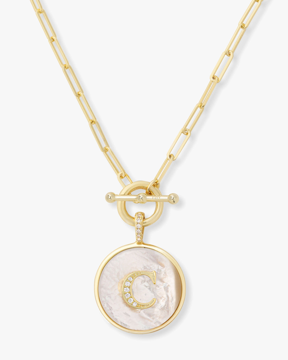 Personalized gold initial medallion necklace with mother of pearl – view 3