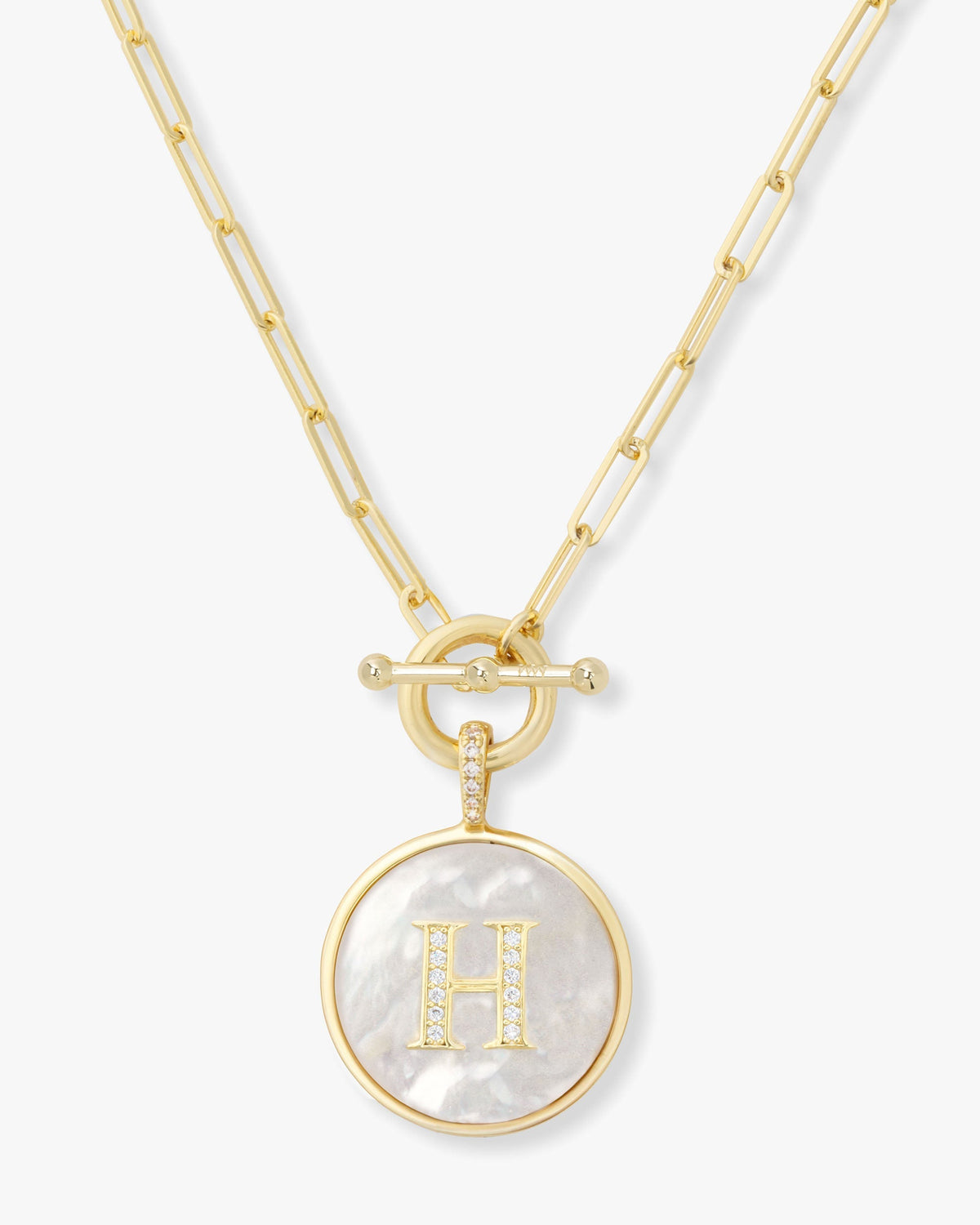 Personalized gold initial medallion necklace with mother of pearl – view 8