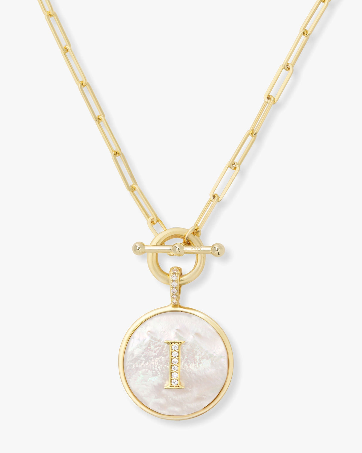 Personalized gold initial medallion necklace with mother of pearl – view 9