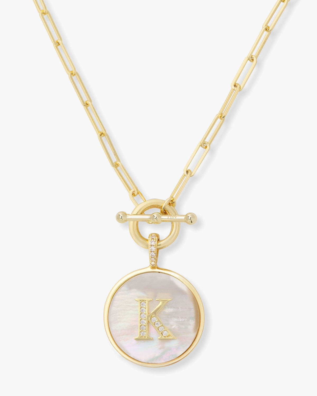 Personalized gold initial medallion necklace with mother of pearl – view 11