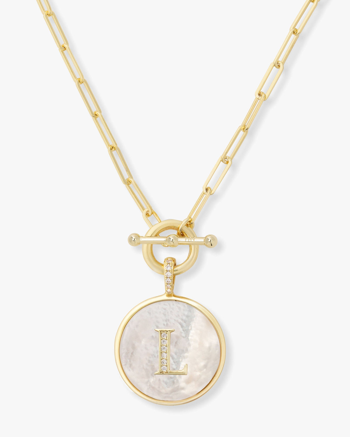 Personalized gold initial medallion necklace with mother of pearl – view 12