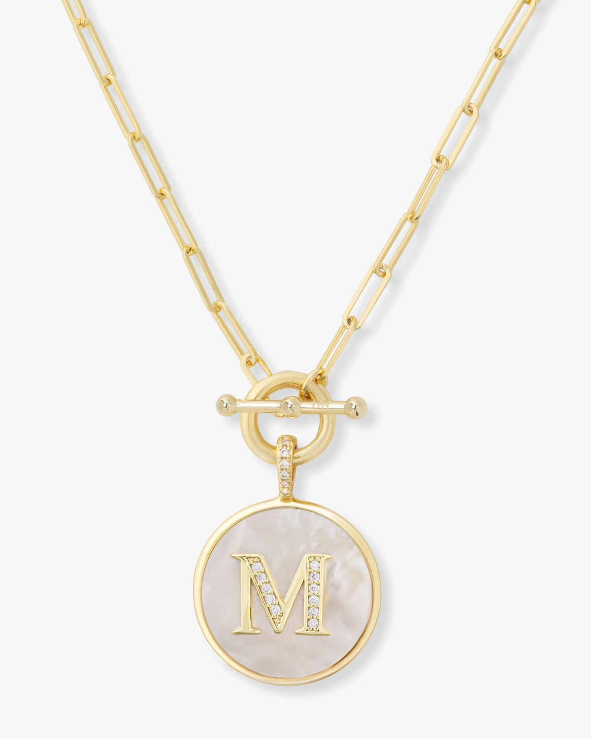 Personalized gold initial medallion necklace with mother of pearl – view 13