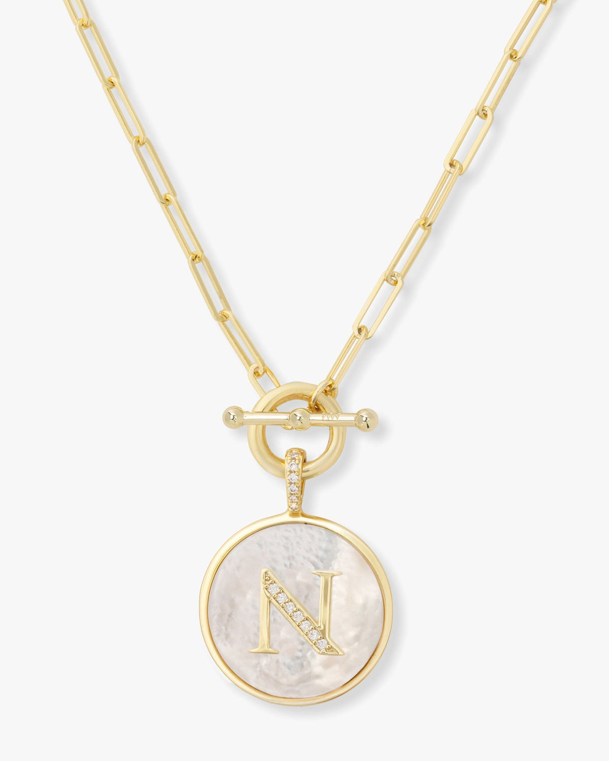 Personalized gold initial medallion necklace with mother of pearl – view 14