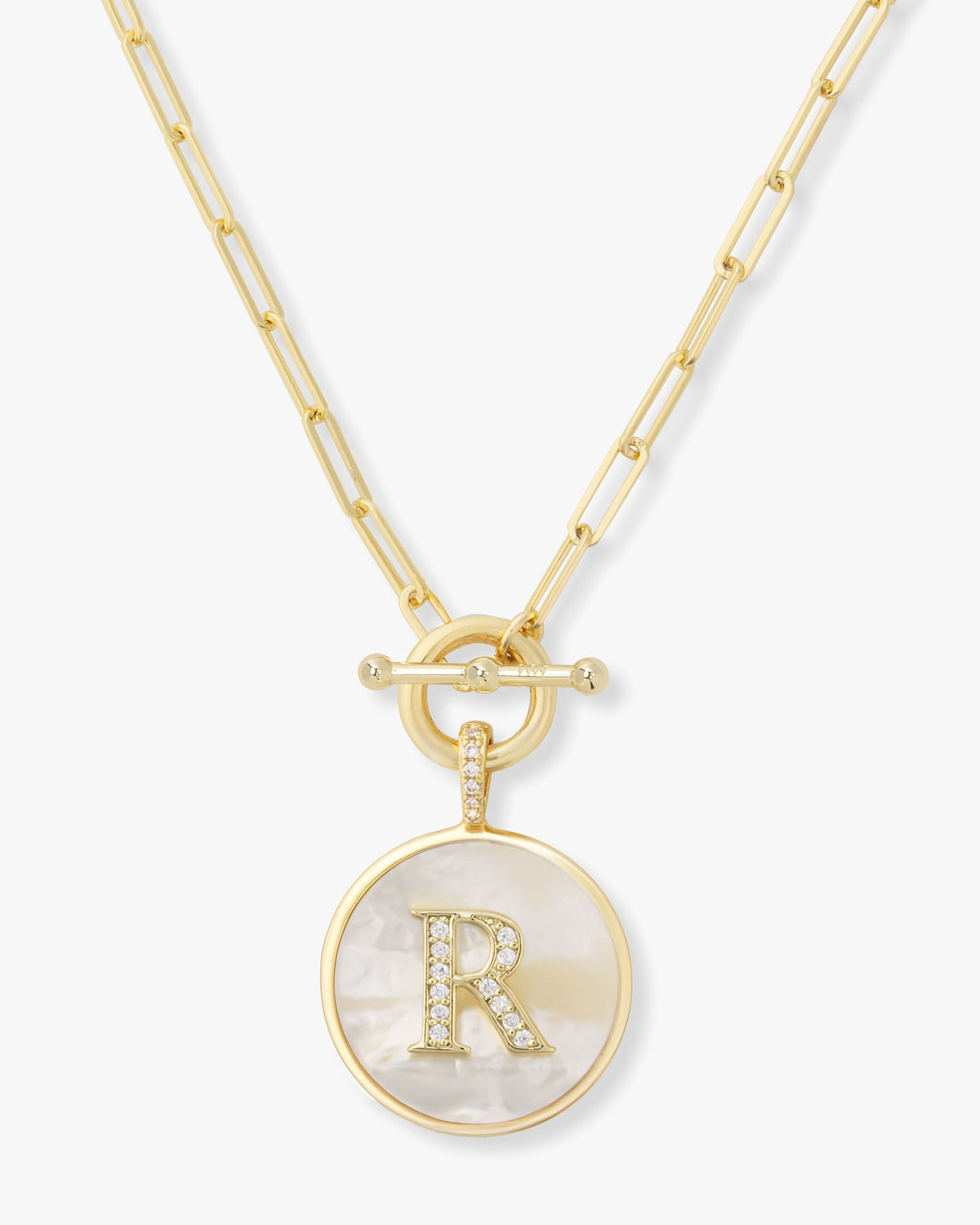 Personalized gold initial medallion necklace with mother of pearl – view 18