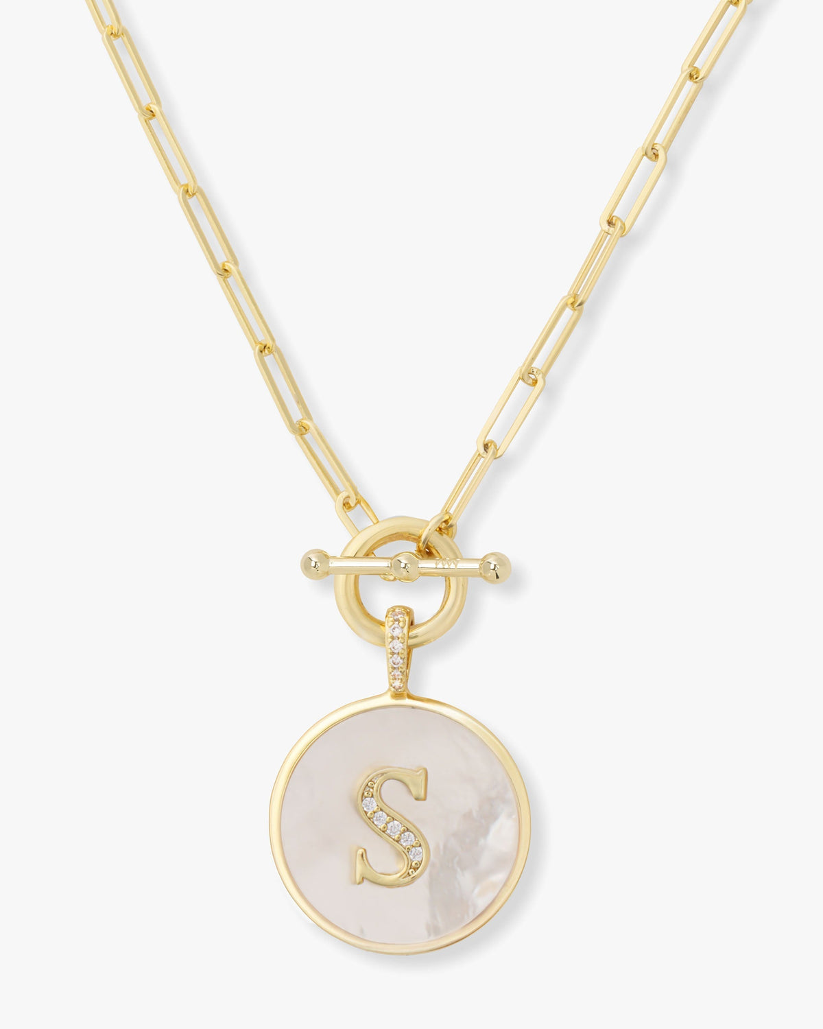 Personalized gold initial medallion necklace with mother of pearl – view 19