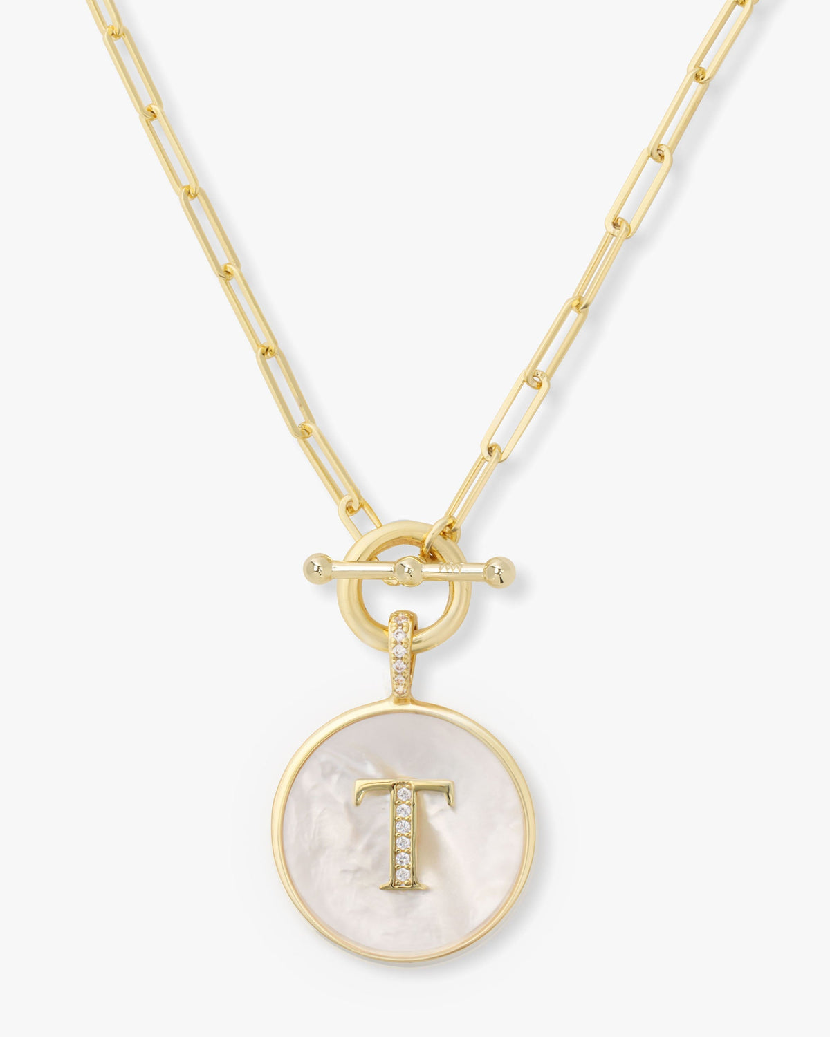 Personalized gold initial medallion necklace with mother of pearl – view 20