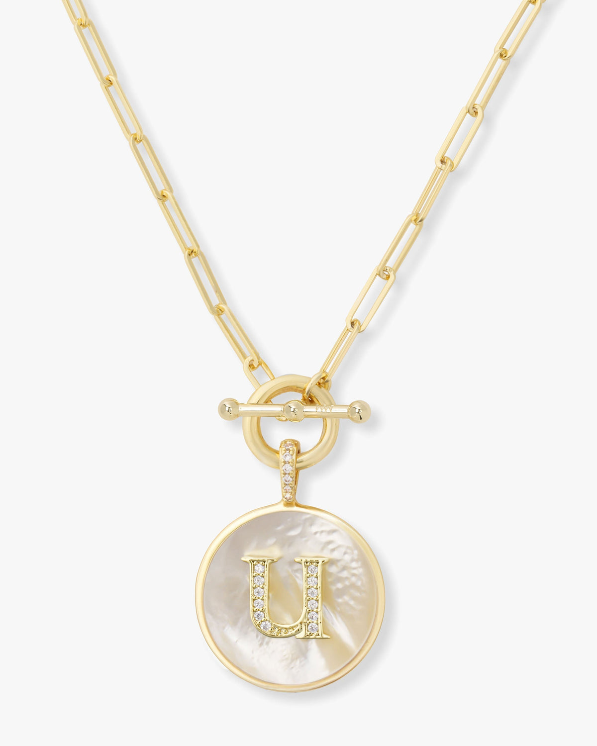 Personalized gold initial medallion necklace with mother of pearl – view 21