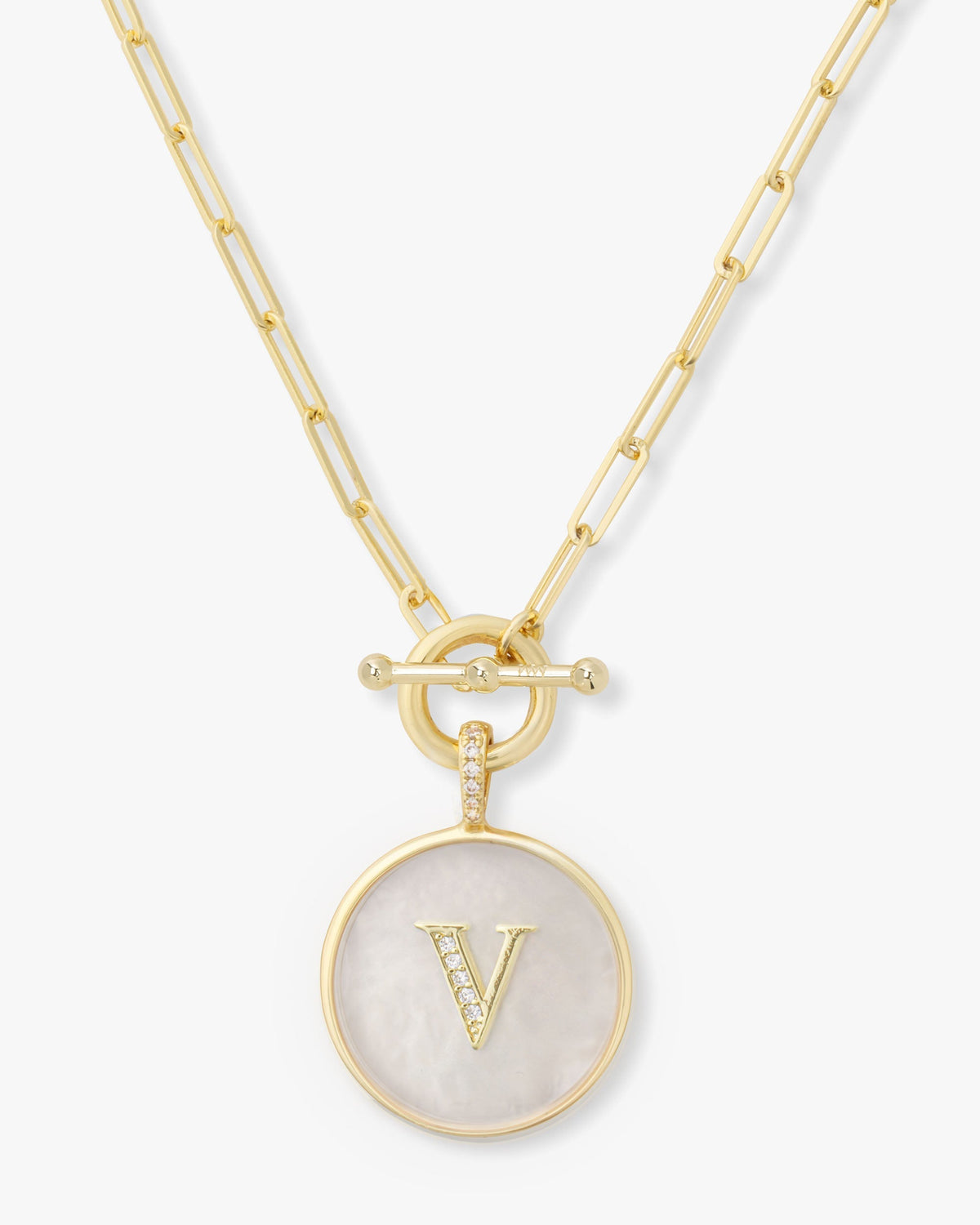 Personalized gold initial medallion necklace with mother of pearl – view 22