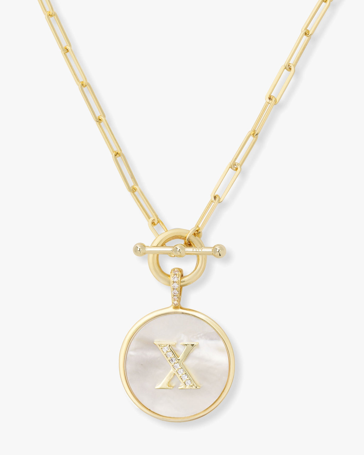 Personalized gold initial medallion necklace with mother of pearl – view 24
