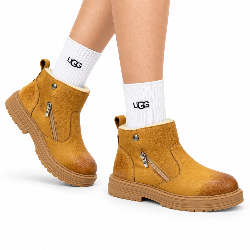 UGG Chestnut Shearling-Collar Leather Boots - side-angle hero view