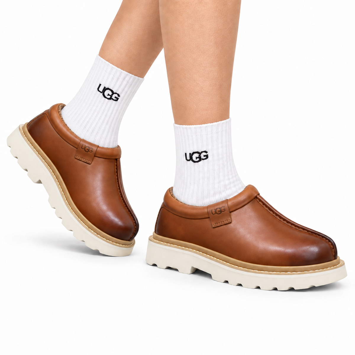 UGG Cognac Leather Slip-On Casual Shoes - side-angle hero view