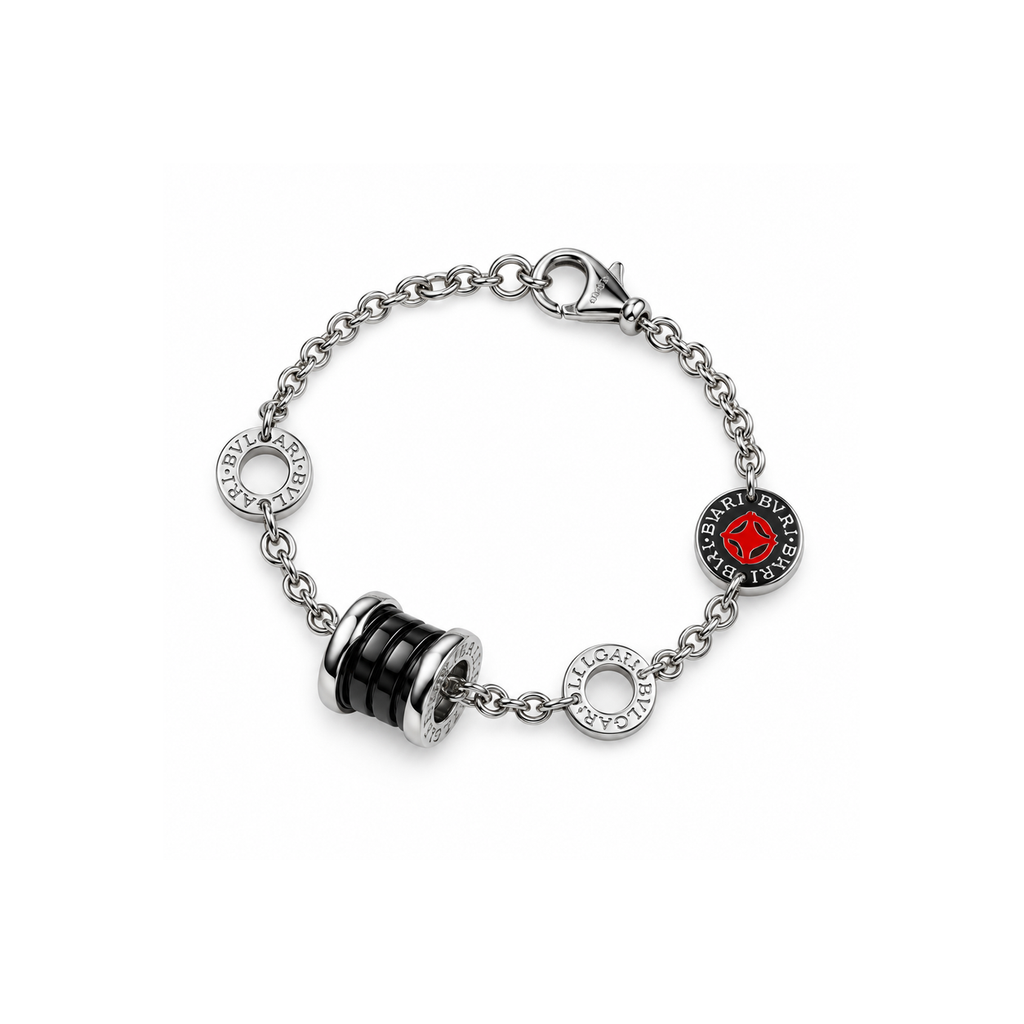BVLGARI "Little Red Figure" Black Ceramic Bracelet on pure white background