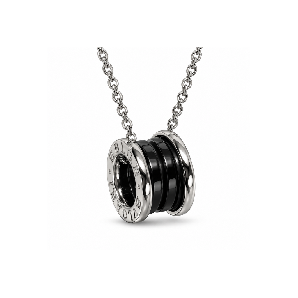 BVLGARI "Little Red Figure" Black Ceramic Necklace on pure white background