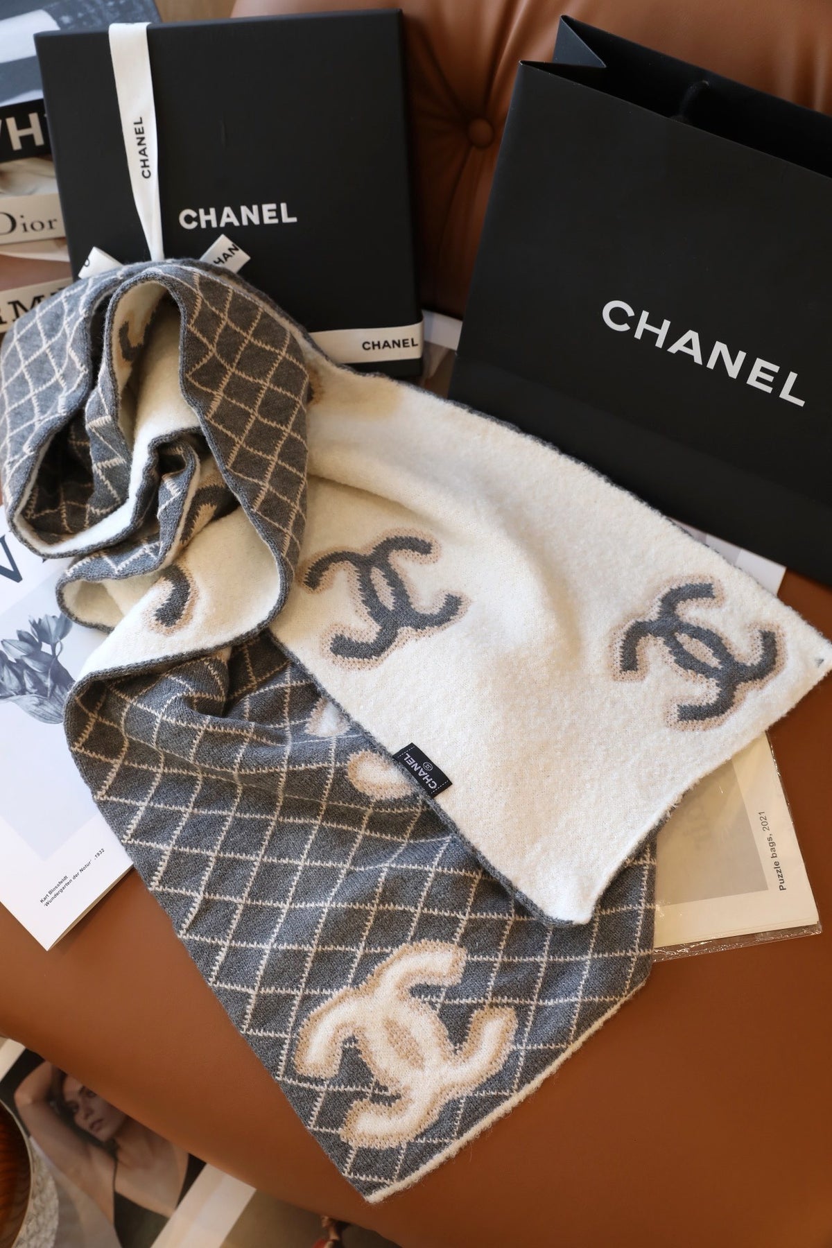 Chanel Style Fuzzy Reversible Diamond Logo Scarf product detail 4