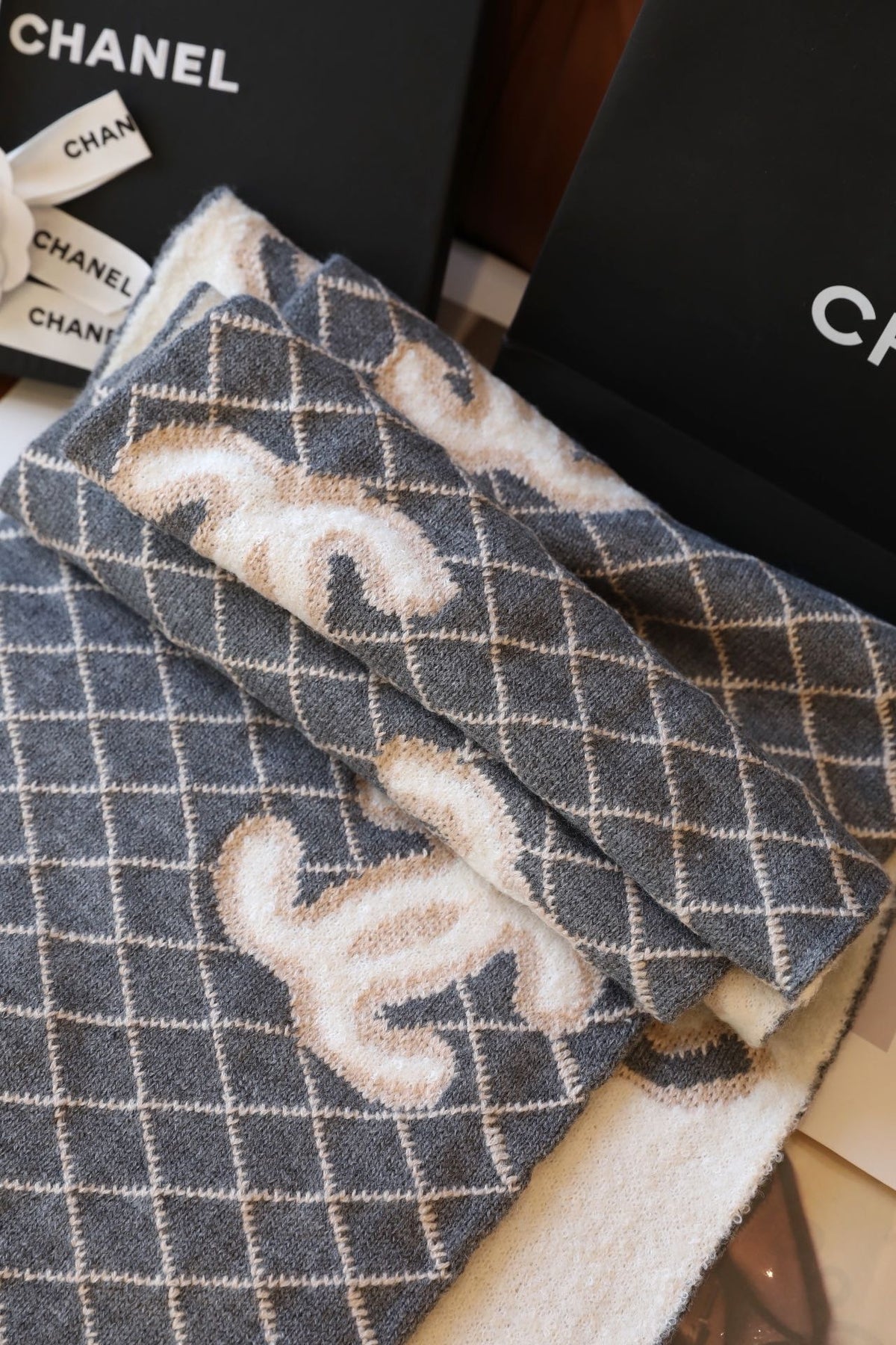 Chanel Style Fuzzy Reversible Diamond Logo Scarf product detail 6