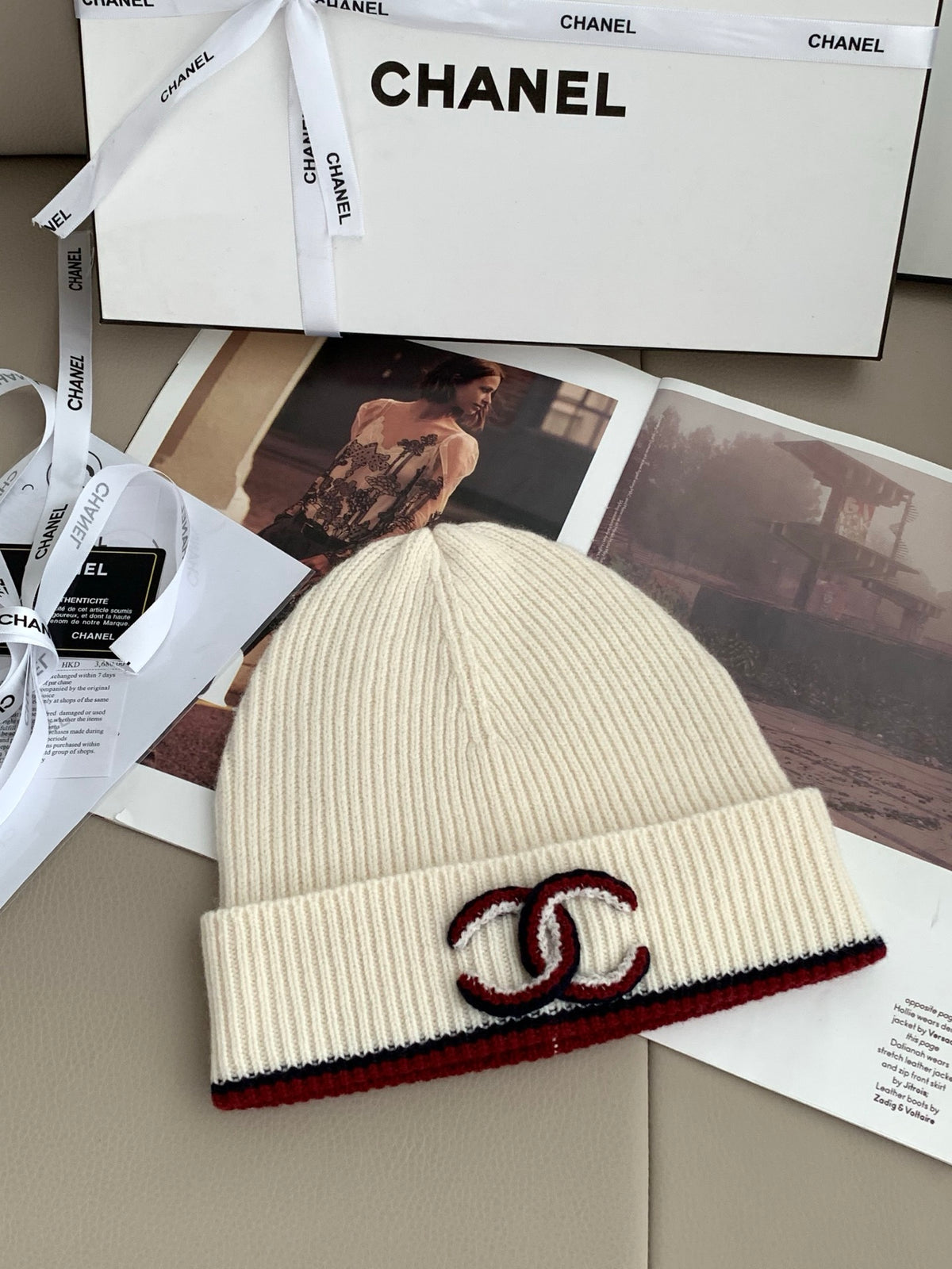 Chanel Style Ivory Rib-Knit Scarf and Beanie Set product detail 3