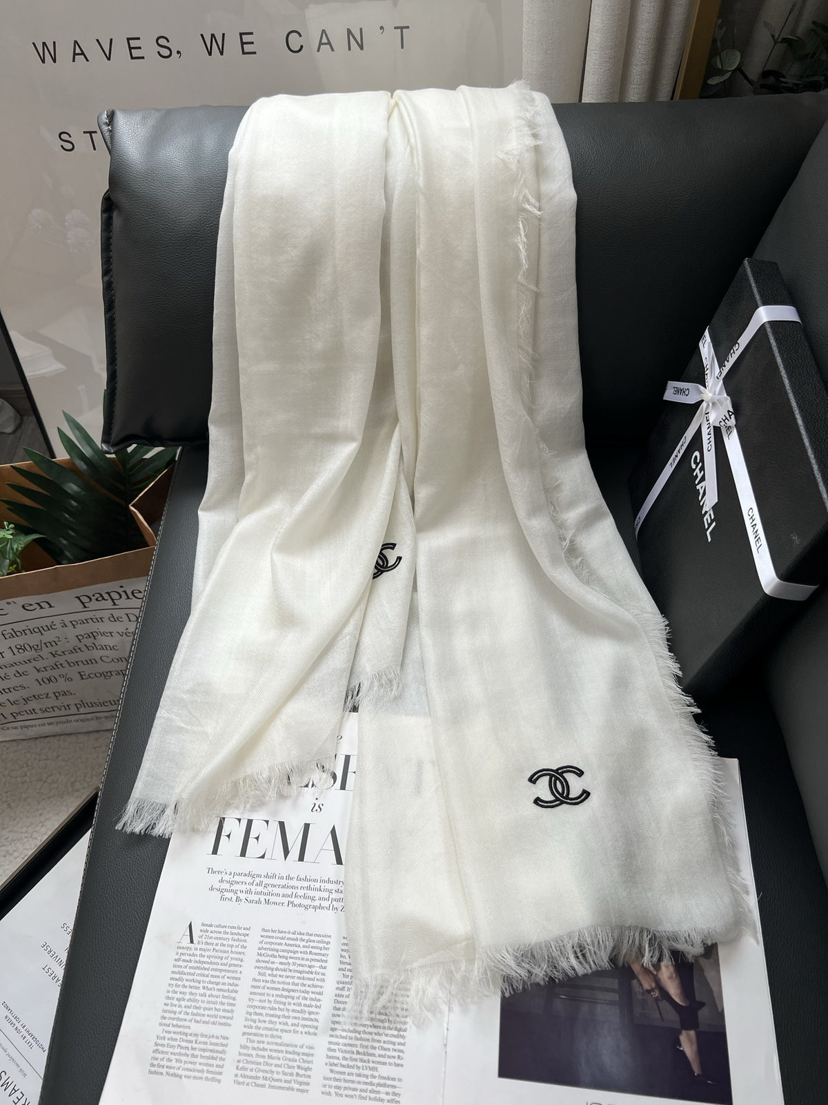 Chanel Style Lightweight Embroidered Logo Scarf product detail 3
