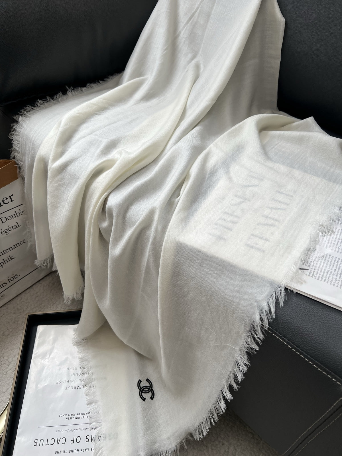 Chanel Style Lightweight Embroidered Logo Scarf product detail 9