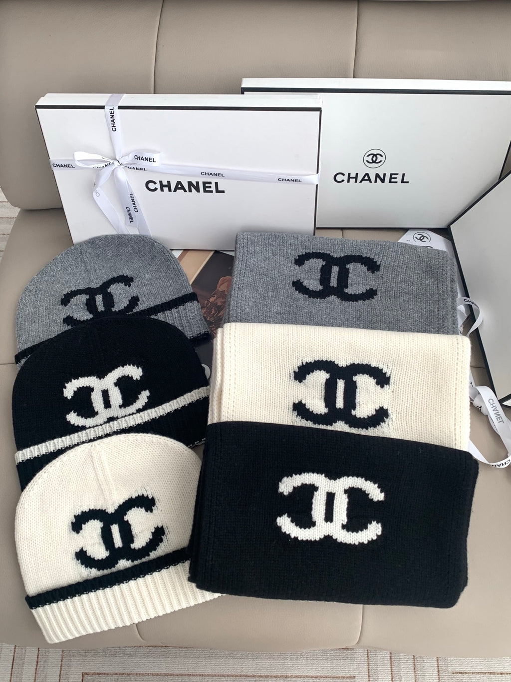 Chanel Style Logo Knit Scarf and Beanie Set product detail 2