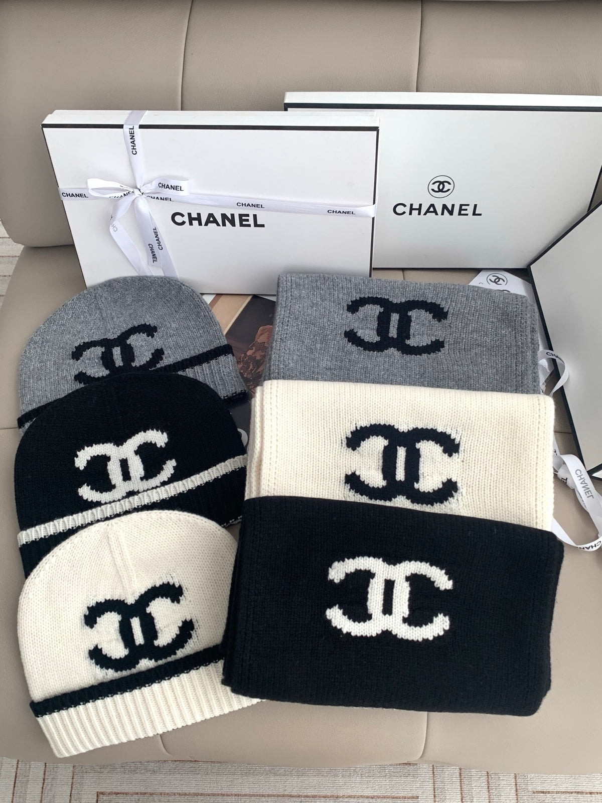 Chanel Style Logo Knit Scarf and Beanie Set product detail 2