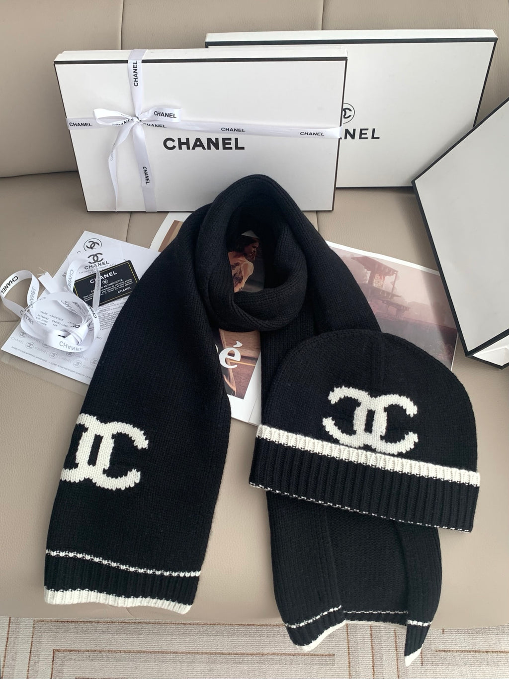Chanel Style Logo Knit Scarf and Beanie Set product detail 5