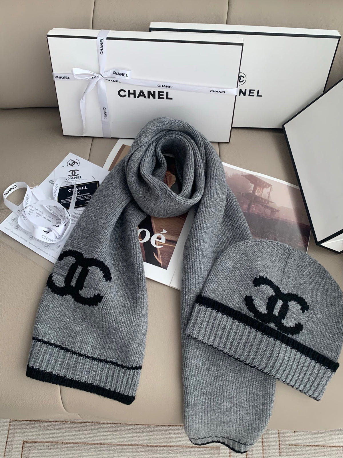 Chanel Style Logo Knit Scarf and Beanie Set product detail 6