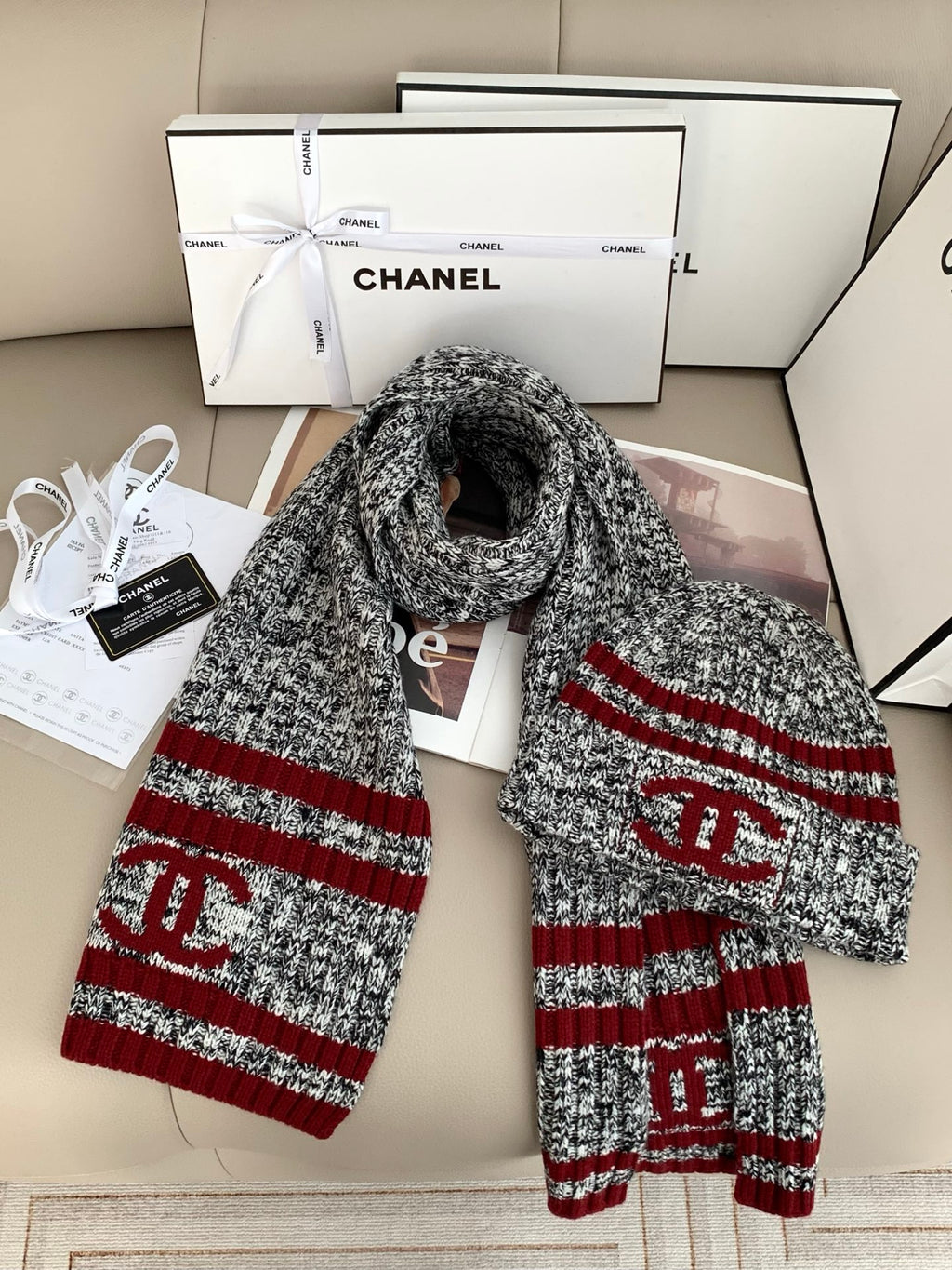 Chanel Style Marled Knit Scarf and Beanie Set product detail 3