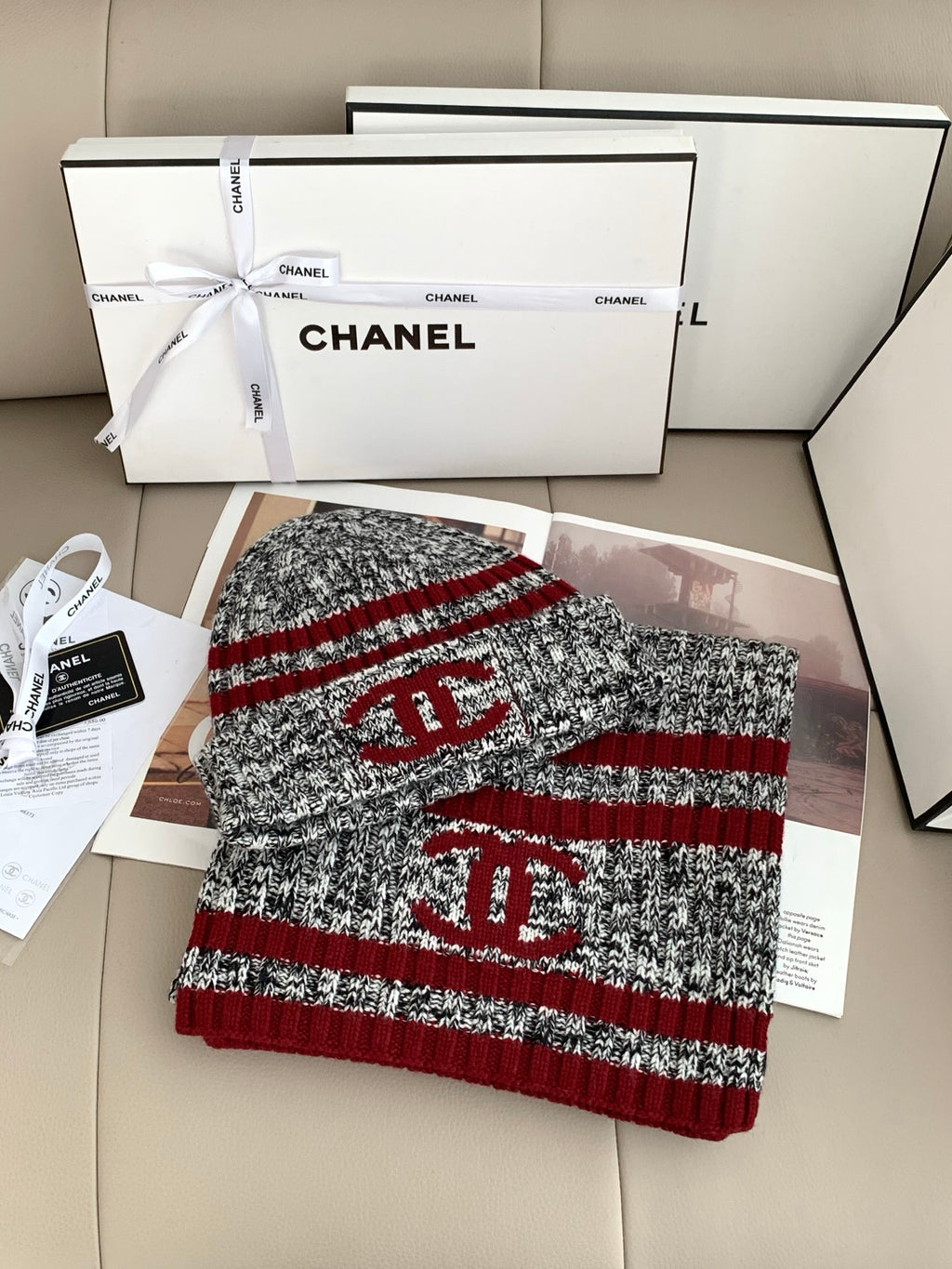 Chanel Style Marled Knit Scarf and Beanie Set product detail 4