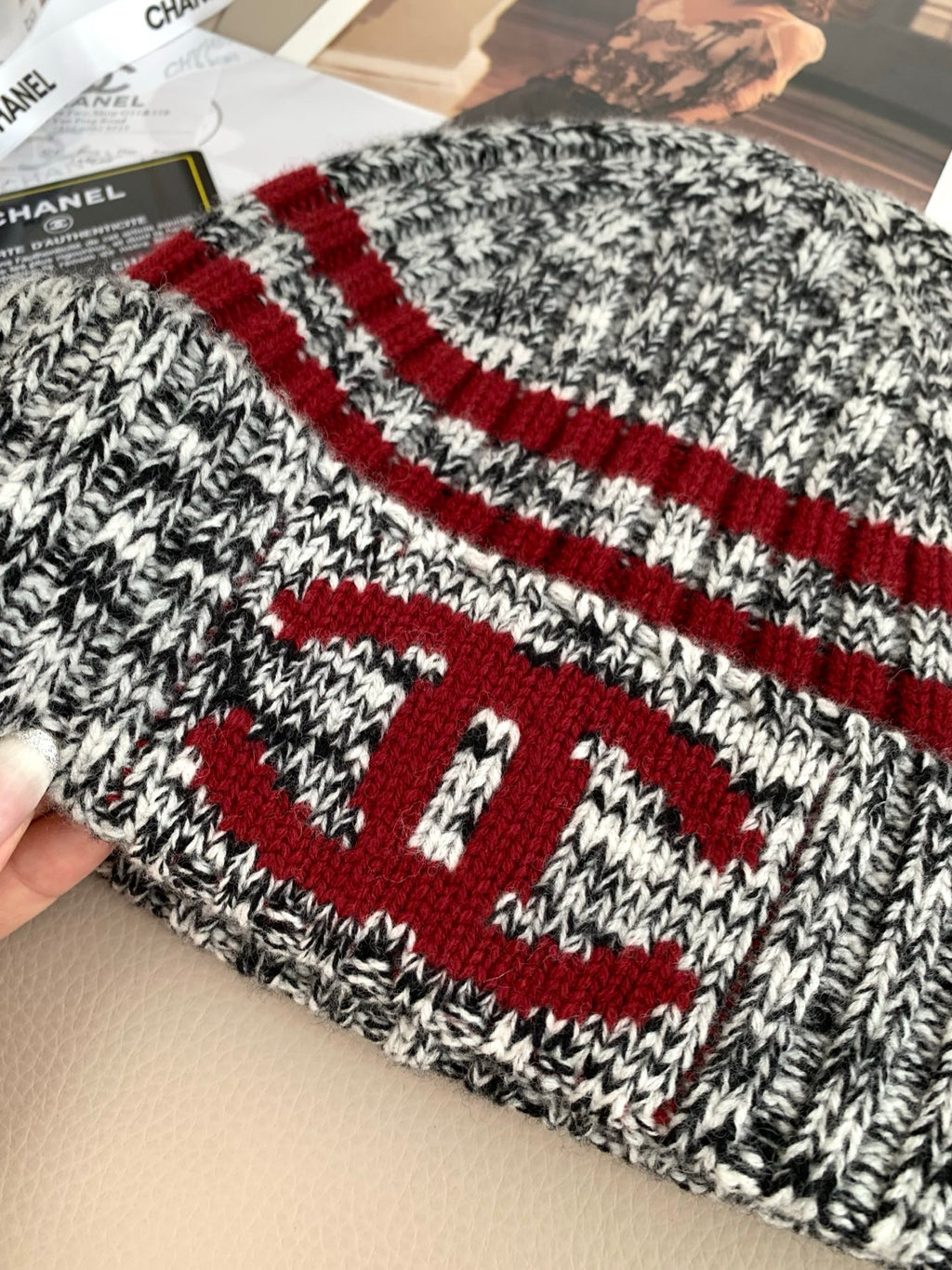 Chanel Style Marled Knit Scarf and Beanie Set product detail 8