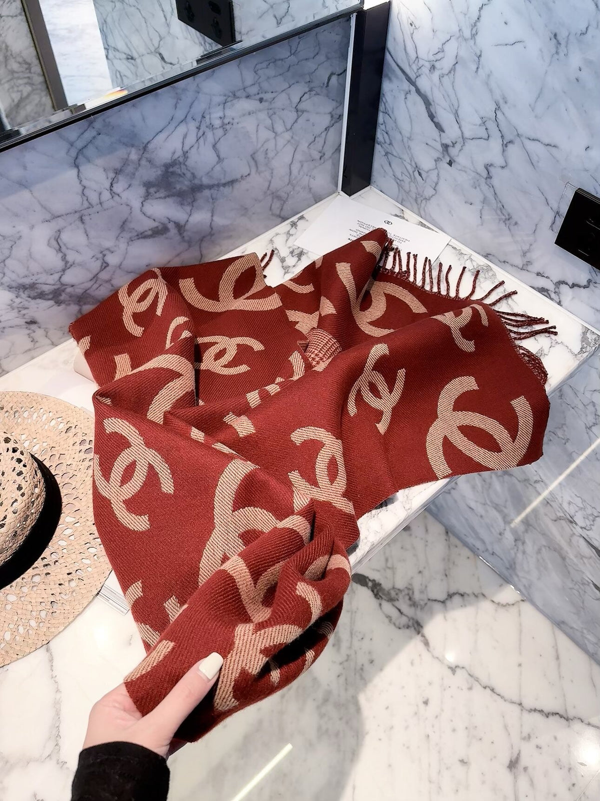 Chanel Style Oversized Logo Check Fringe Scarf product detail 6