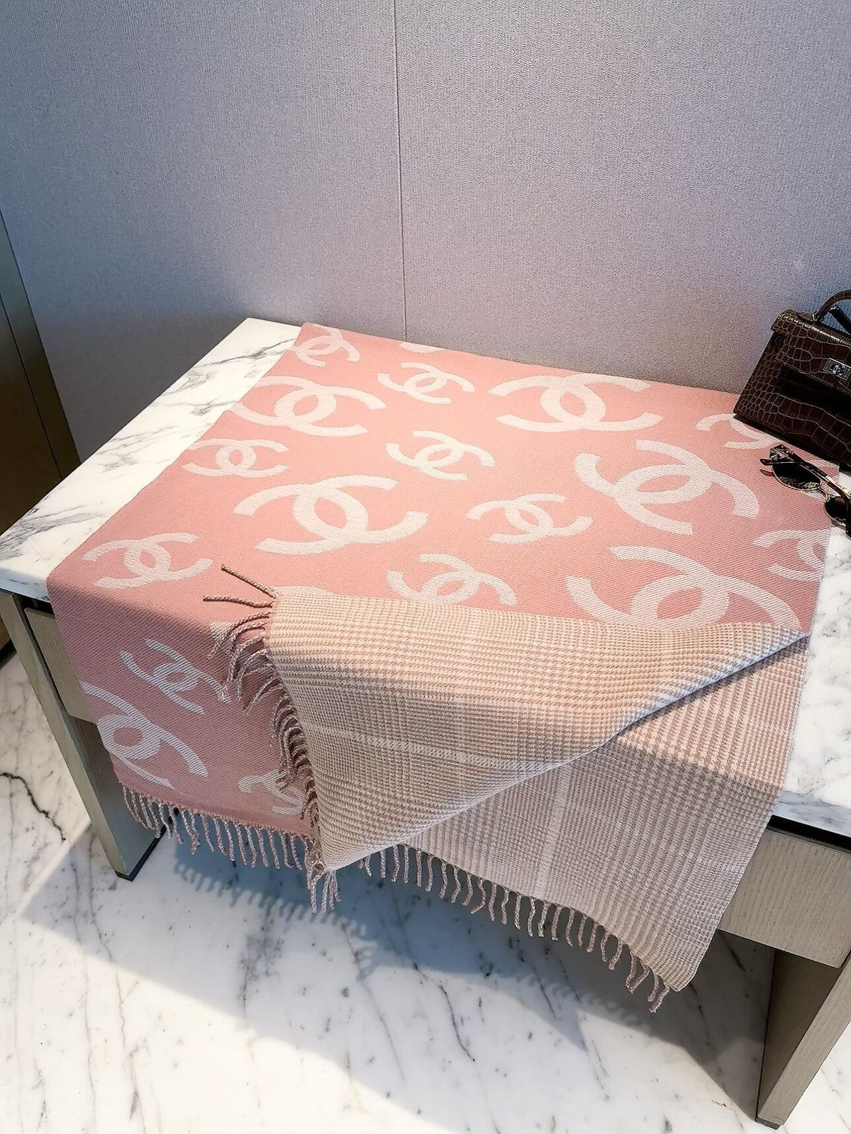Chanel Style Oversized Logo Check Fringe Scarf product detail 7