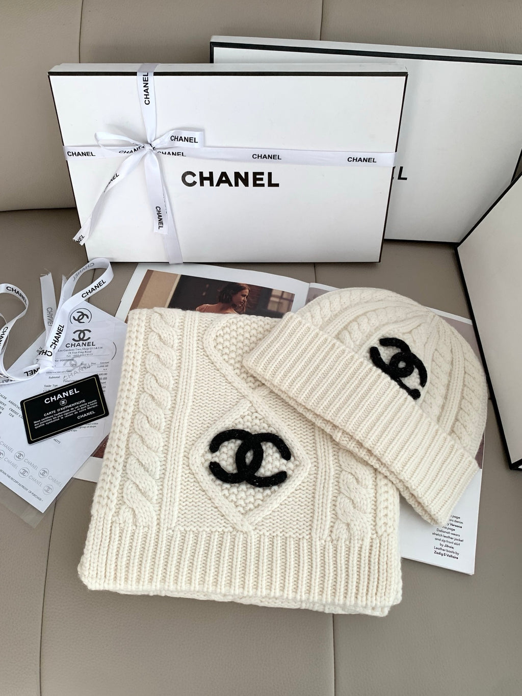 Chanel Style Rib-Knit Scarf and Beanie Set