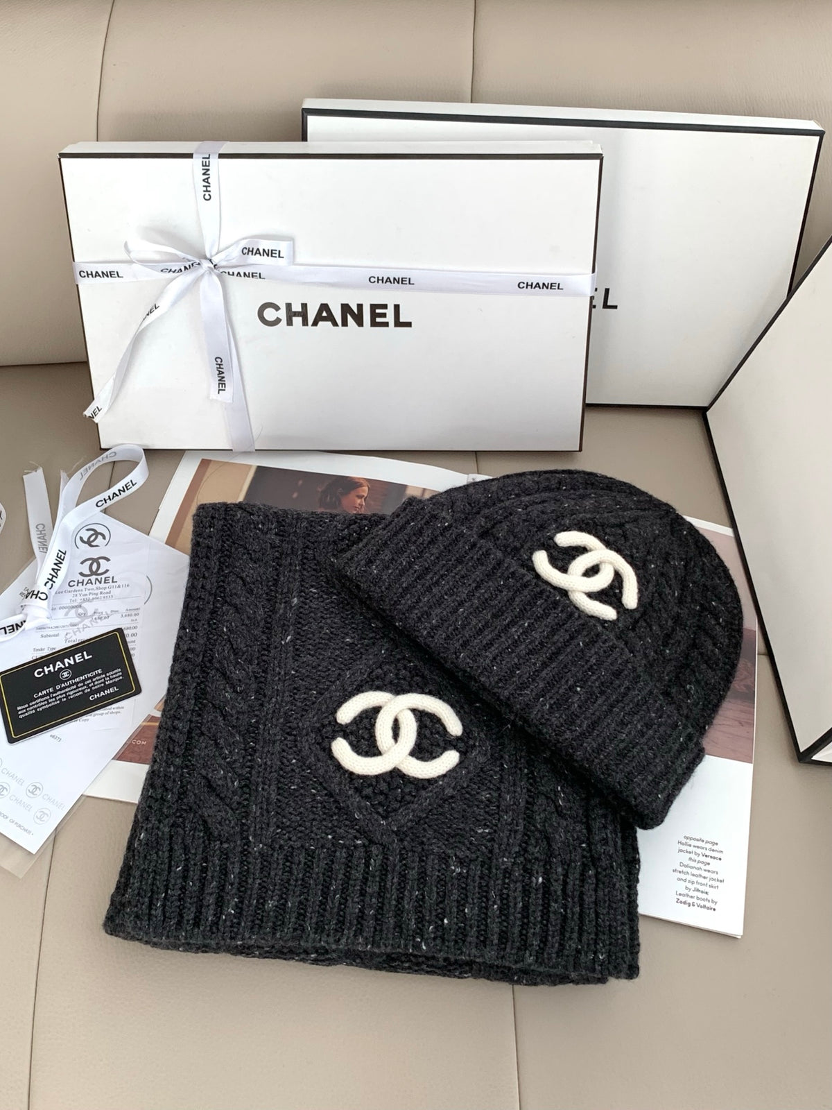 Chanel Style Rib-Knit Scarf and Beanie Set product detail 3