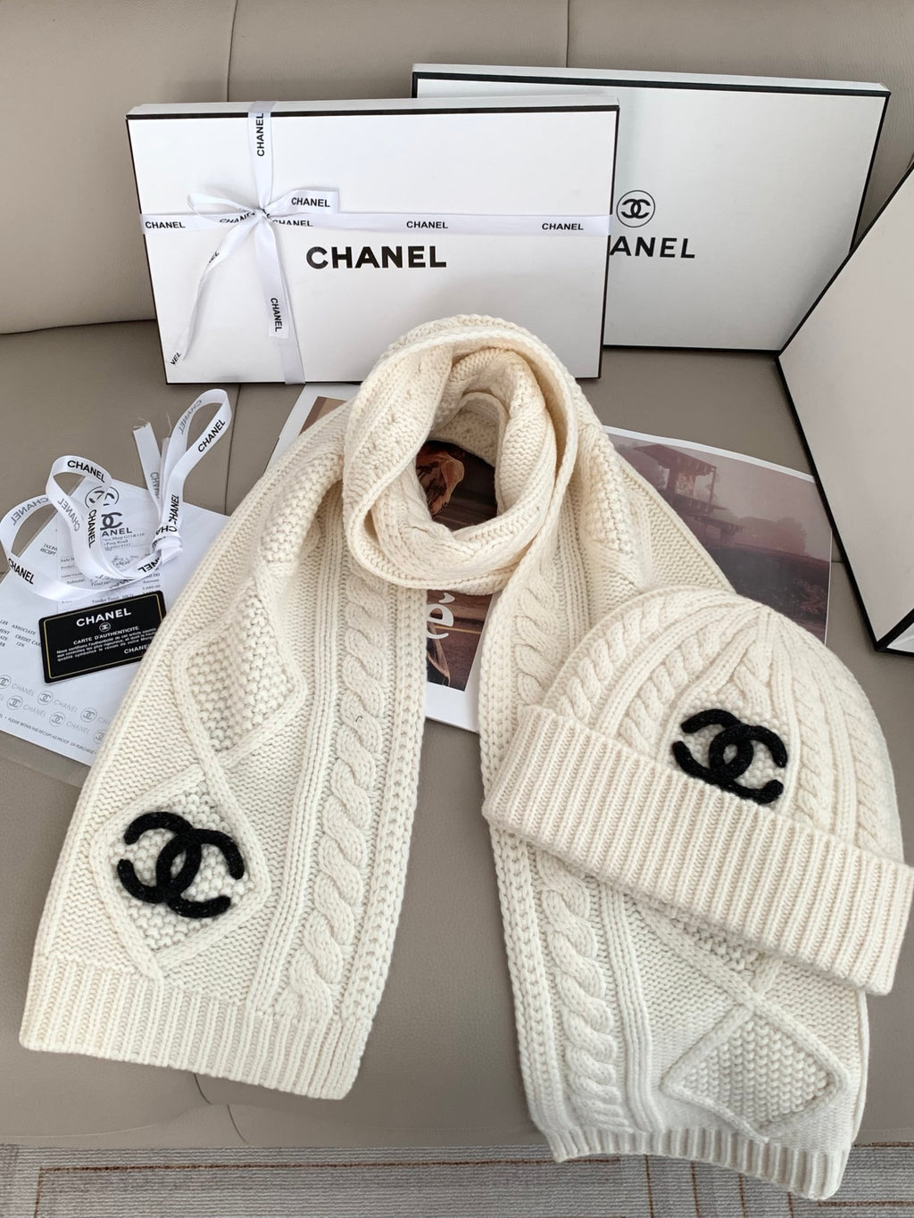 Chanel Style Rib-Knit Scarf and Beanie Set product detail 5