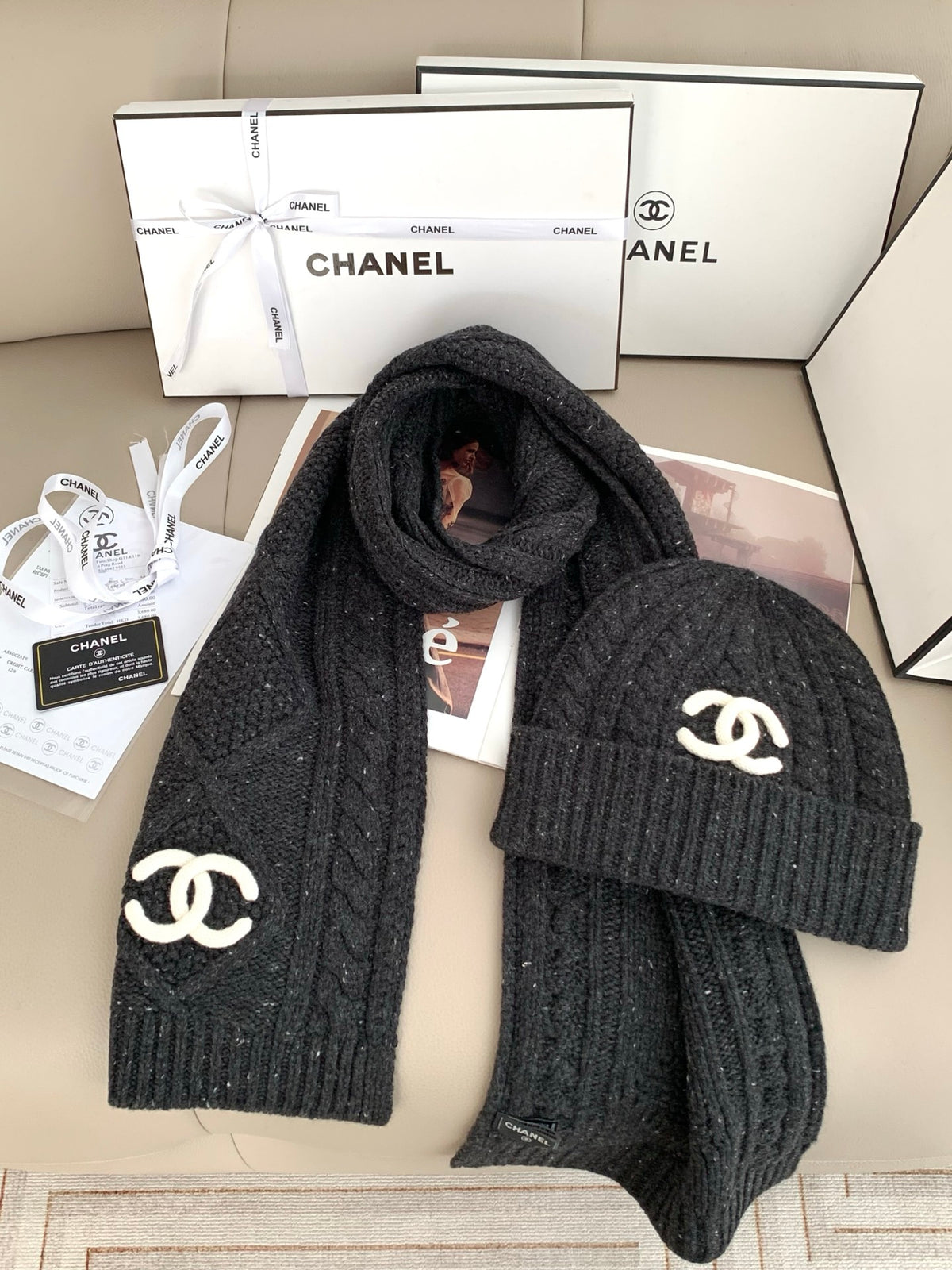 Chanel Style Rib-Knit Scarf and Beanie Set product detail 7