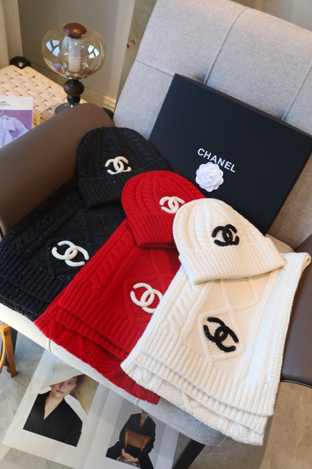 Chanel Style Rib-Knit Scarf and Beanie Set product detail 9